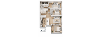 A 3D floor plan of a VUE apartment showing a master bedroom, a bedroom, a kitchen, a bath, and a closet.