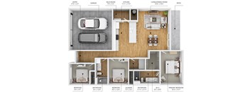 A floor plan of a house with a garage, living room, kitchen, and multiple bedrooms.