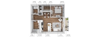 A floor plan of an apartment with a living room, kitchen, bathroom, and bedroom.