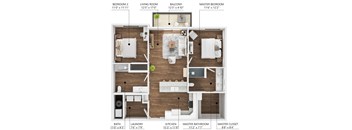 A diagram shows the layout of a house with labeled rooms including Bedroom 2, Living Room, Balcony, Master Bedroom, Bath, Laundry, Kitchen, Master Bathroom, and Master Closet.