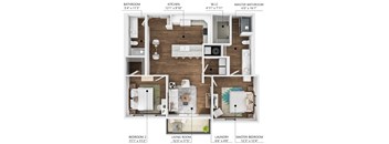 A floor plan of an apartment with a living room, kitchen, two bathrooms, two bedrooms, a laundry room, and a master bathroom.