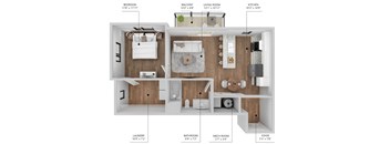 A diagram shows the layout of an apartment with labeled rooms including a bedroom, balcony, living room, kitchen, laundry, bathroom, mech room, and foyer.