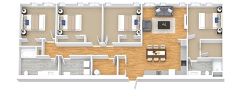 A floor plan of a house with a kitchen, living room, and dining area.
