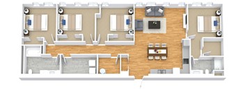 A floor plan of a house with a kitchen, living room, and two bedrooms.