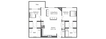 A black and white image of a house floor plan with a patio, two bedrooms, a living room, a kitchen, and two bathrooms.