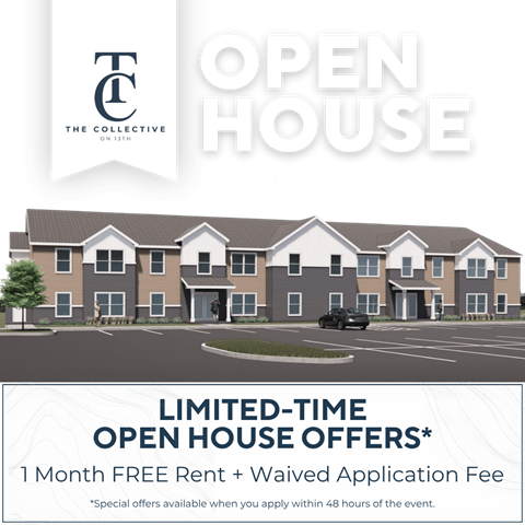 An advertisement for an open house event on Friday, June 5th from 10 AM to 7 PM, offering a 1 month free rent and waived application fee for those who apply within 48 hours of the event