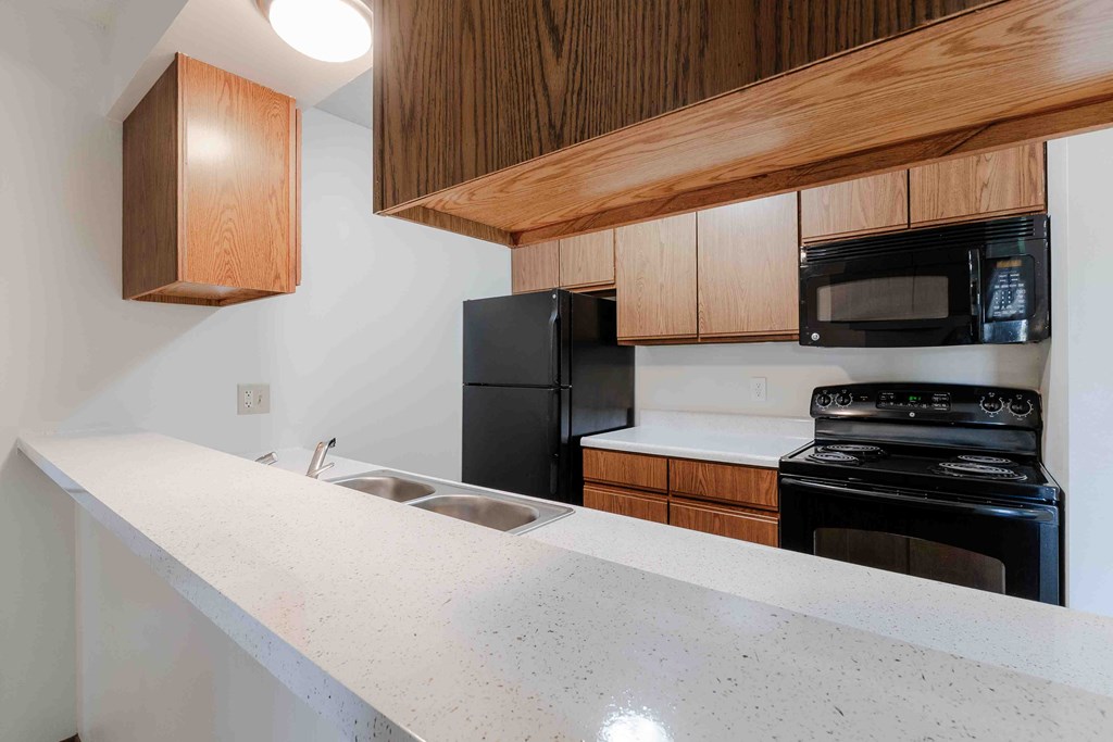 A kitchen with black appliances and wooden cabinets.