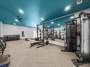 a gym with weights and cardio equipment and a blue ceiling at Rialto Townhomes Apartments, Waukee
