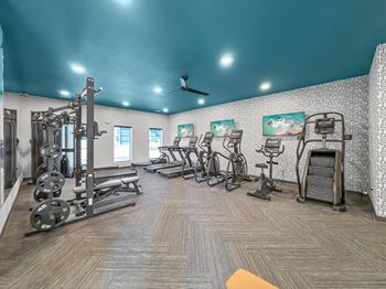 a gym with cardio equipment and weights on the floor at Rialto Townhomes Apartments, Waukee, 50263