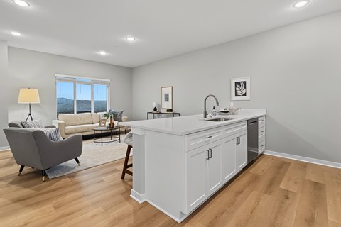 A modern kitchen with white cabinets and a wooden floor.