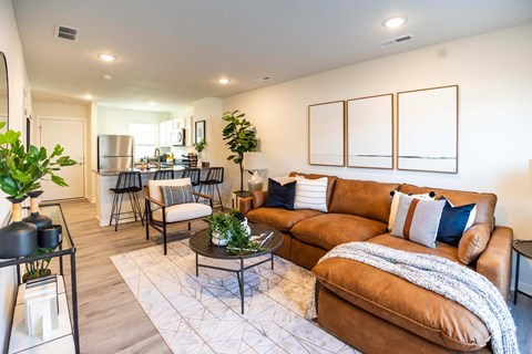 A living room with a brown couch and a coffee table.