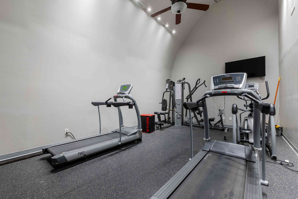 A treadmill and a rowing machine are in a well lit gym.