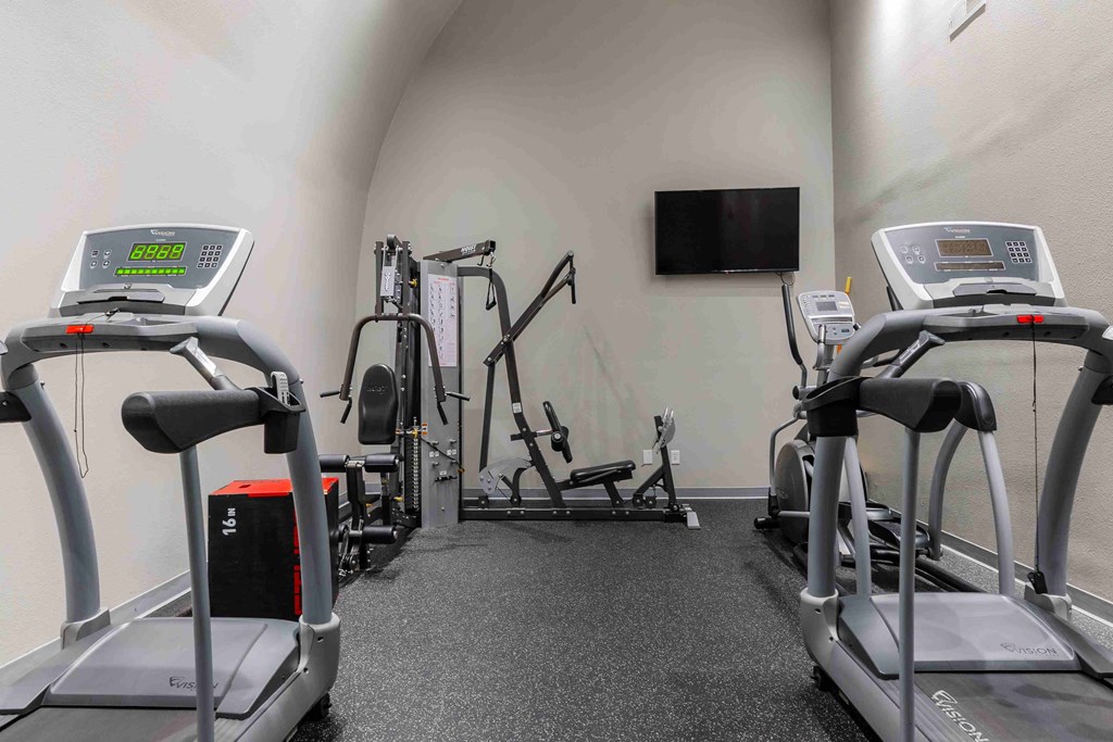 A gym with treadmills, elliptical machines, and a television.