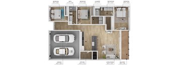 A floor plan of a house with a living room, kitchen, garage, and four bedrooms.