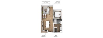 A diagram of a small apartment showing the layout of the living/dining room, kitchen, bedroom, and bathroom.