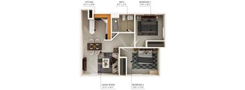 A diagram of a small apartment with a living room, kitchen, and two bedrooms.