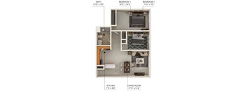 B3 Floor plan at Lake Shore Park in Ankeny, Iowa 50021 with 2 bedrooms and 1 bathroom.