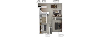 A diagram shows the layout of a small apartment with a living room, kitchen, bathroom, and two bedrooms.