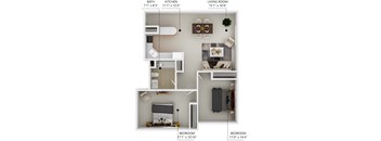 A diagram shows the layout of a small apartment with a living room, kitchen, bathroom, and two bedrooms.