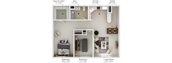 A diagram shows the layout of a small apartment with a living room, two bedrooms, a kitchen, a bathroom, and a walk-in closet.