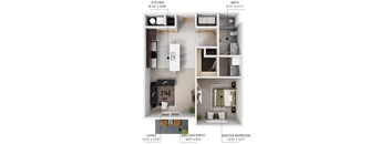 A2 1 bedroom 1 bathroom floor plan at Lake Shore Apartments in Ankeny, Iowa 50021.