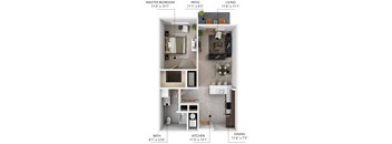 A3 1 bedroom 1 bathroom floor plan at Lake Shore Apartments in Ankeny, Iowa 50021.
