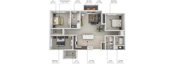 C1 3 bedroom 2 bathroom floor plan at Lake Shore Apartments in Ankeny, Iowa 50021.