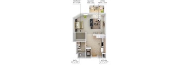 A diagram of a small apartment with a living room, kitchen, bathroom, and bedroom.