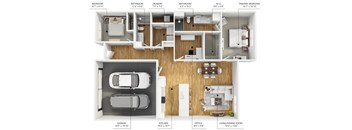 A floor plan of a house with a living room, two bedrooms, two bathrooms, a laundry room, a garage, a kitchen, and an office.