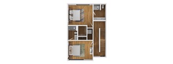 A top-down view of a small apartment with a bedroom, bathroom, and kitchen.