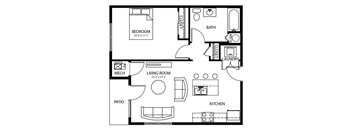A 1 bed, 1 bathroom floor plan layout for an apartment with a living room, kitchen, and laundry at Melbourne in Des Moines, Iowa.