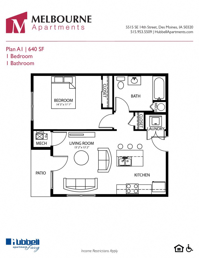 A1 1Bed 1Bath at Melbourne Apartments, Des Moines, IA,  50320