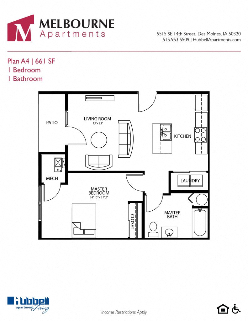 A4 1Bed 1Bath at Melbourne Apartments, IA, 50320
