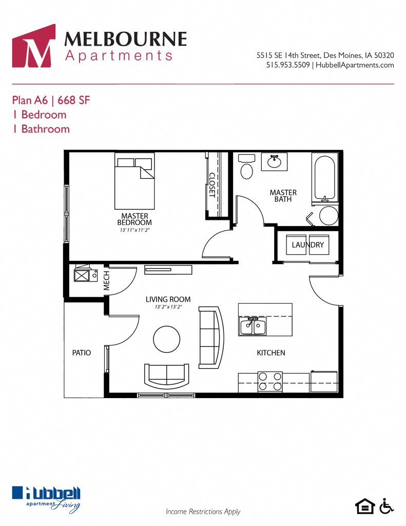 A6 1Bed 1Bath at Melbourne Apartments, Des Moines