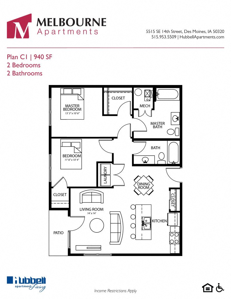 C1 2Bed 2Bath at Melbourne Apartments, Des Moines