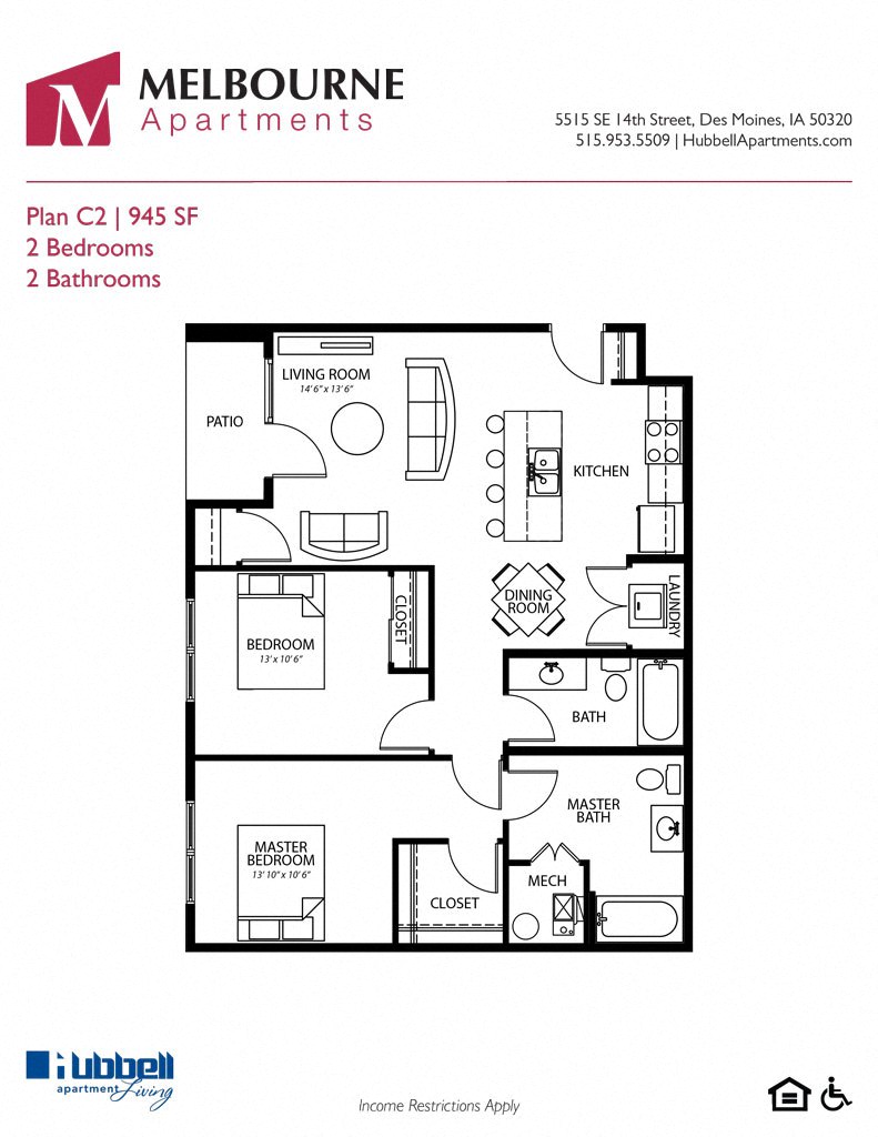 C2 2Bed 2Bath-A at Melbourne Apartments, Des Moines, IA