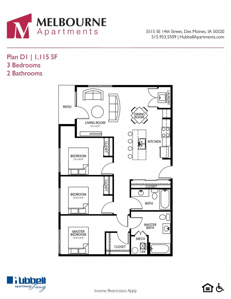 D1 3Bed 2Bath-B at Melbourne Apartments, Georgia