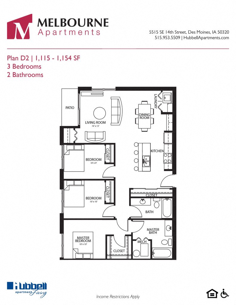 D2 2Bed 2Bath at Melbourne Apartments, Des Moines, IA