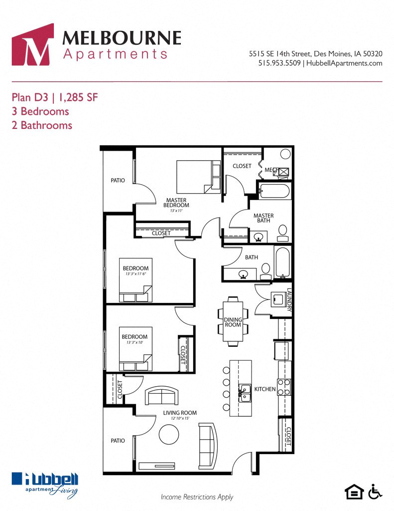 D3 3Bed 2Bath at Melbourne Apartments, Iowa, 50320