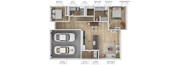 A floor plan of a house with a living room, kitchen, dining area, and two bedrooms.