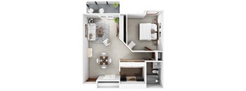 A top-down view of a small, neatly organized apartment with a kitchen, living room, and bathroom.