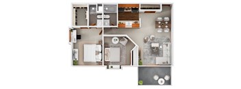 A top-down view of a house layout with a kitchen, living room, and bathroom.