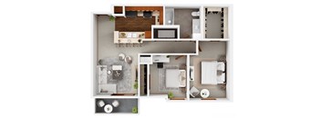 A 3D floor plan of a house showing the layout of the rooms.