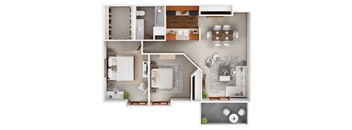 A top-down view of a house layout with multiple rooms and furniture.
