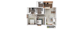A top-down view of a small apartment layout with a bedroom, living room, kitchen, and bathroom.
