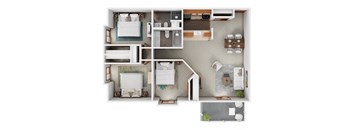 A top-down view of a house layout with two bedrooms, a living room, a kitchen, and a bathroom.