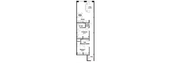 A floor plan of a house with a living room, dining room, kitchen, laundry, two bathrooms, two bedrooms, a closet, and an entry.