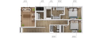A floor plan of a small apartment with a balcony, two bedrooms, a bathroom, a laundry area, and a closet.