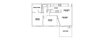 A floor plan of a house with a living room, dining room, kitchen, and bedrooms.