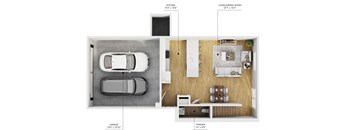 A floor plan of a house with a garage, living room, kitchen, and powder room.